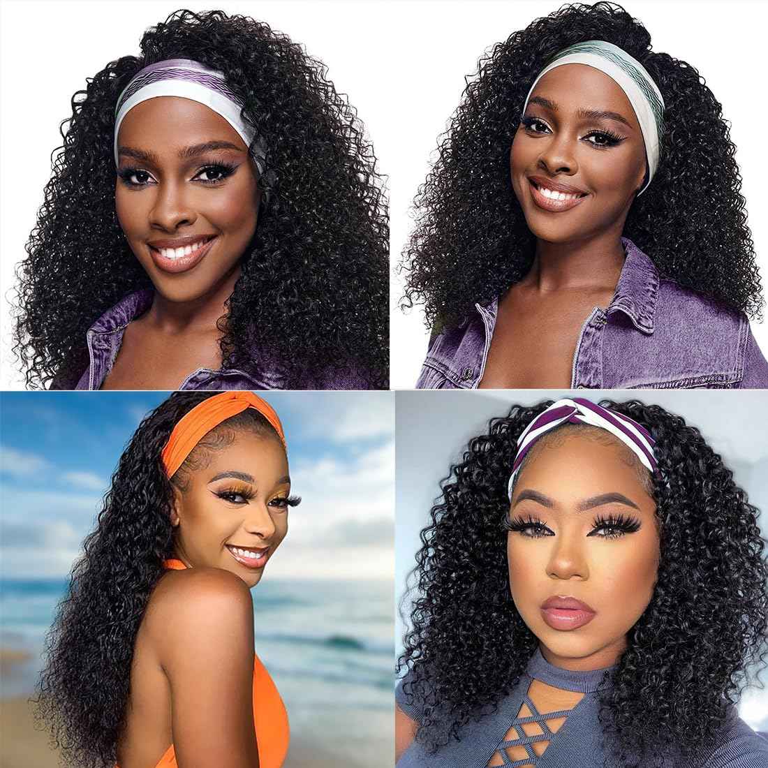 JCL Headband Wig Human Hair 14 Inch Deep Wave Headband Wigs Human Hair Wigs for Black Women Natural Color None Lace Front Wigs Glueless Wigs Human Hair