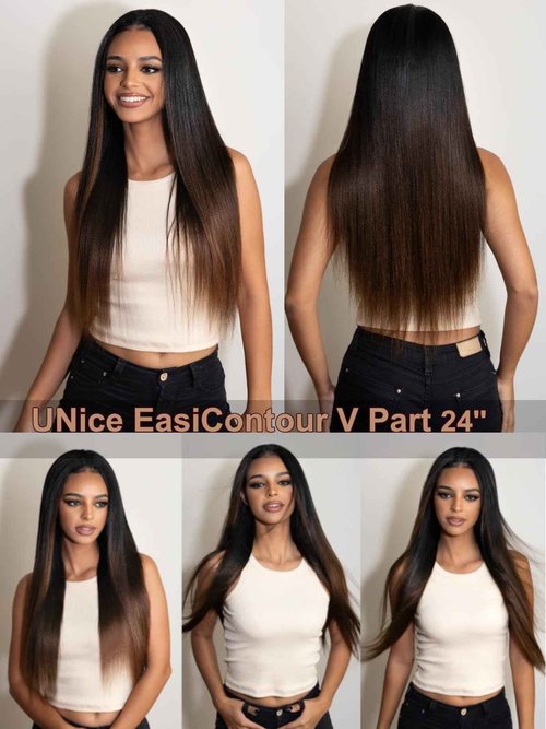 UNICE EasiContour V Part Wigs Human Hair Yaki Straight Glueless Clip in Vpart Human Hair Wig No Sew in No Glue Ombre Chestnut Brown Beginner Friendly 150% Density 20 inch