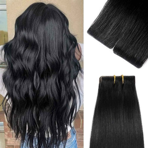 Liqusee Invisible Tape In Hair Extensions Human Hair Natural Black 20 inch 20pcs 50g/Pack Seamless Invisible Straight Tape ins Human Hair Extensions for Women
