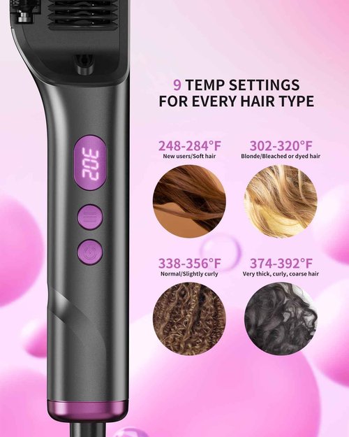 Hair Straightening Brush Hot Oil 9 Temp Ionic Hair Straightener Comb with LED Display, Fast Heating PTC Tech & Heat Shield, Auto Shut-Off Kaasage 2-in-1