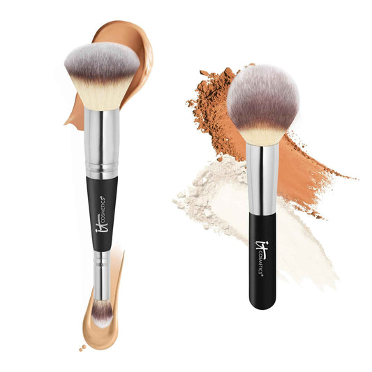 IT Cosmetics Face Makeup Brush Bundle – For Foundation, Concealer, CC+ Cream, Pressed + Loose Powders – Includes Complexion Perfection Brush #7 + Luxe Wand Ball Powder Brush #8 – Airbrushed Look