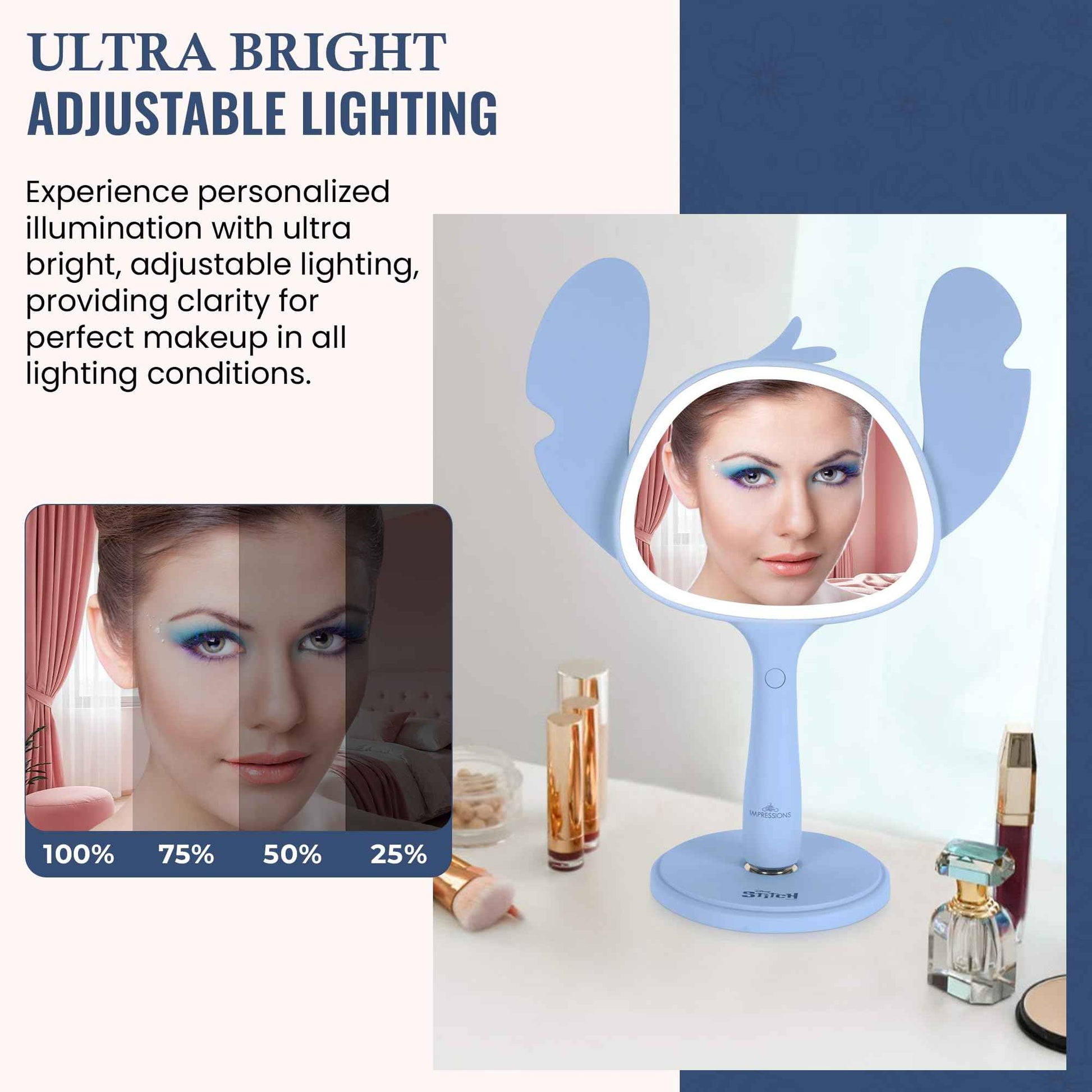 Impressions Vanity Stitch Ohana LED Handheld Makeup Mirror for Desk, Lighted Travel Makeup Mirror with Detachable Standing Base, Ultra Bright Adjustable Lighting, and Ohana Figural Shaped Design