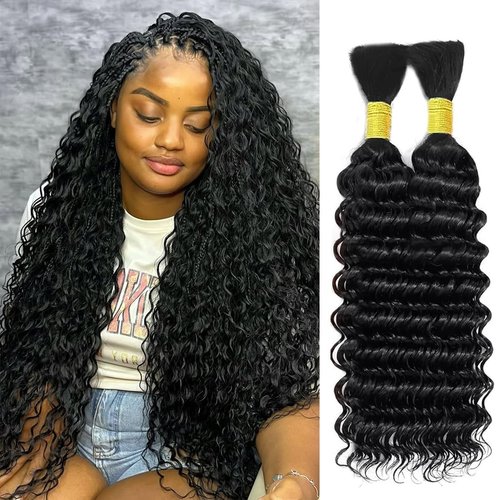 Human Braiding Hair for Boho Braids Deep Wave Bulk Human Hair Brazilian Virgin Curly Human Hair Extension Wet and Wavy Micro Human hair Braiding Hair 2 Bundles/Pack 100g(Natural Black,26inch)