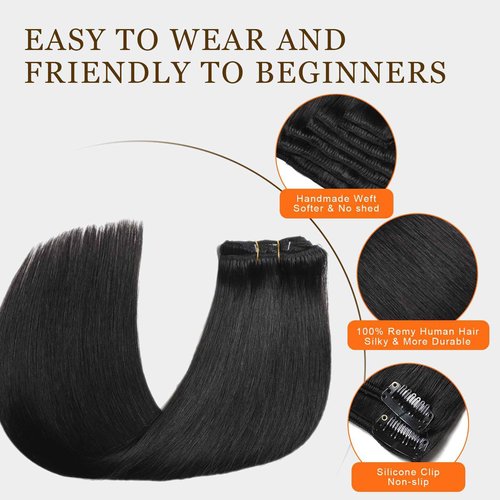 Miskoey Clip in Hair Extensions Real Human Hair, Invisible Seamless Straight Remy Human Hair Extensions Clip ins for Women (1B Natural Black, 16‘’)