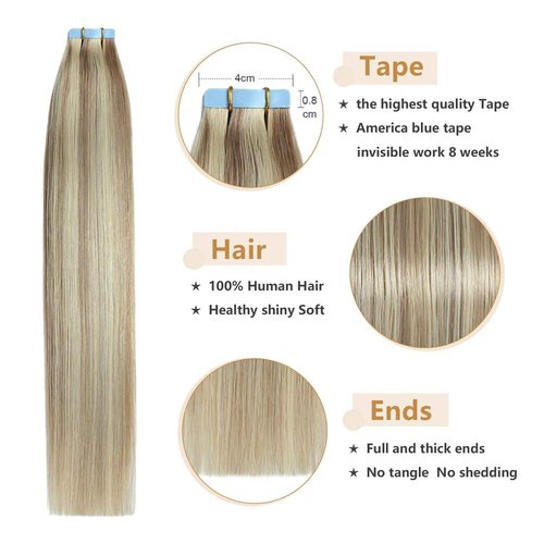 YILITE PU Tape Hair Extensions 22 Inch Glue in Seamless Human Hair Skin Weft Silky Straight Real Hair Extensions Piano 18 Mix 613 - 20 Pcs 50g Remy Tape Extensions (22 inch P18/613)