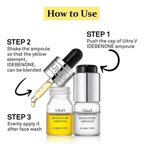 Ultra V Idebenone Signature Ampoule - Anti Aging Antioxidant Serum – Peptides, Niacinamide, Hyaluronic Acid – Anti Wrinkle, Smoothes, Softens Skin - 0.27 fl.oz 4 Packs 12,000ppm