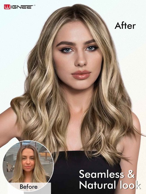 WIGNEE OVO 18 Inch Butterfly Invisible Human Hair Extensions, 1PC 50g Double Layer 13 Inch Wide Seamless Cuttable Blended Blonde with Micro Beads, Glueless Install for Thin Hair Volume