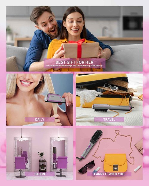 Hair Straightening Brush Hot Oil 9 Temp Ionic Hair Straightener Comb with LED Display, Fast Heating PTC Tech & Heat Shield, Auto Shut-Off Kaasage 2-in-1