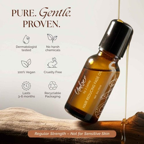Umber By J. Lenay Hair Reducing Fade Oil 15ml – Facial Hair Reducing for Women & Men – Natural Hair Reduction Oil for Face & Body - Helps with Ingrown Hairs– Regular Strength (Not for Sensitive Skin)