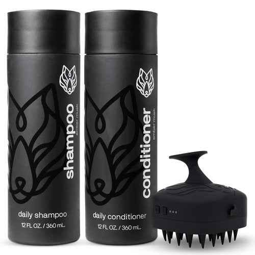 Black Wolf Shampoo & Conditioner for Men & Sonic Head Massager & Scalp Scrubber Bundle