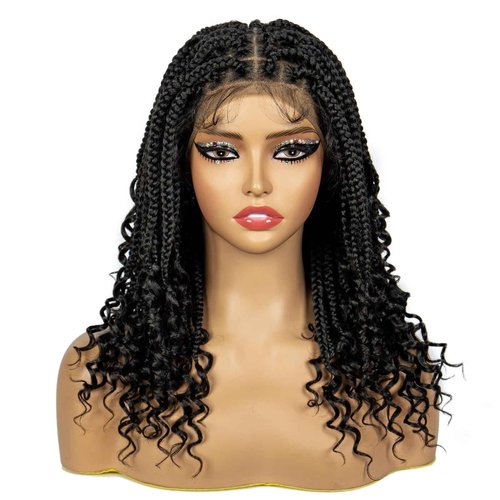 sedittyhair Synthetic Full Lace Knotless Braided Wigs with Curly Ends for Black Women Handmade Braiding Wigs with Baby Hair 16 inches Lace Frontal Braids Wig (1B Color)