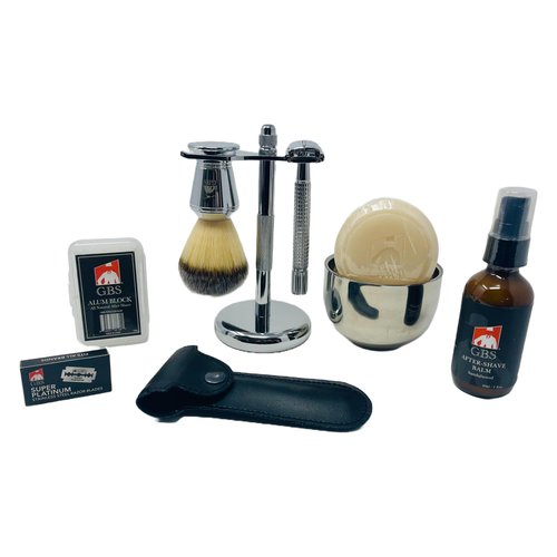 G.B.S Shaving Gift Set, Long Handle Double Edge Safety Razor, Alum Aftershave Block, Chrome Bowl with Natural Shave Soap, Shaving Brush Grooming Kit for Men
