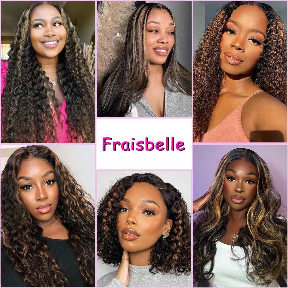 Highlight Water Wave Bundles with Closure Human Hair Honey Brown Balayage Curly Wave Human Hair Bundle 1B/27 Colored 3 Bundles with 4x4 HD Lace Closure Free Part (14 16 18+12)