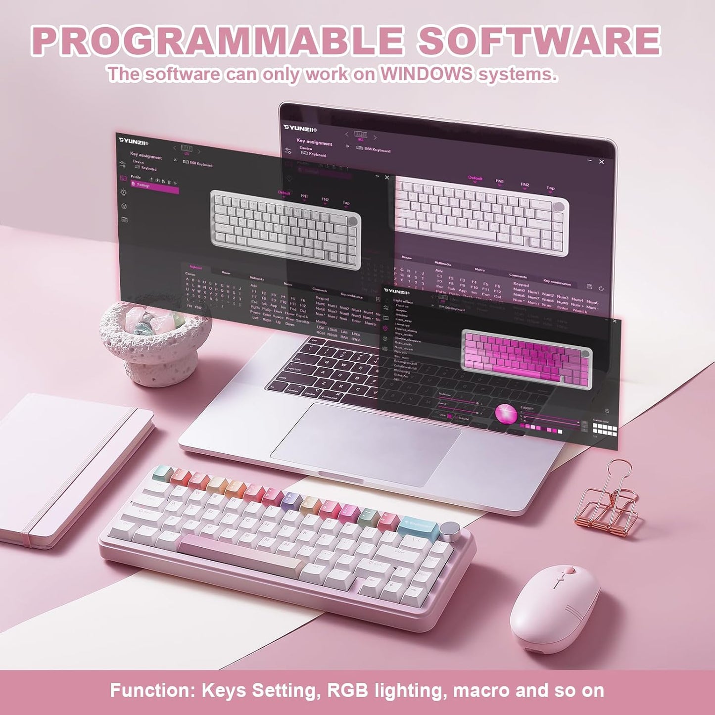 YUNZII B68 Wireless Mechanical Keyboard,Tri-Mode BT5.0/2.4GHz/USB-C,Cute PBT Keycaps,Hot Swappable Creamy Typing Gasket Mounted,RGB Backlit NKRO for Win/Mac (Black, Cocoa Cream V2 Switch)