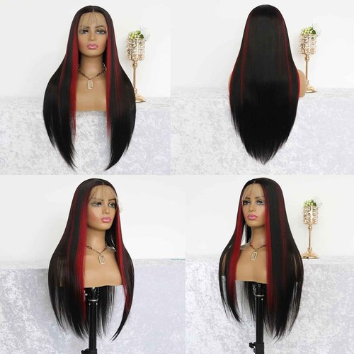 MACA BAKA Highlight Red Long Straight Synthetic Lace Front Wig Glueless Colored Skunk Stripe Red Mixed Black 13x4 Lace Front Wigs for Women Pre Plucked with Baby Hair 24 Inches 150 Density