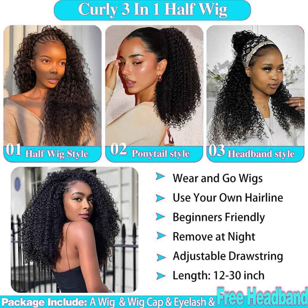 Kinky Curly Half Wig Human Hair 200% Density 3 In 1 Seamless Flip Over Half Wigs Human Hair Glueless Wear and Go Beginner Friendly Kinky Curly Wig Human Hair Drawstring Headband Wig for Women 18 Inch