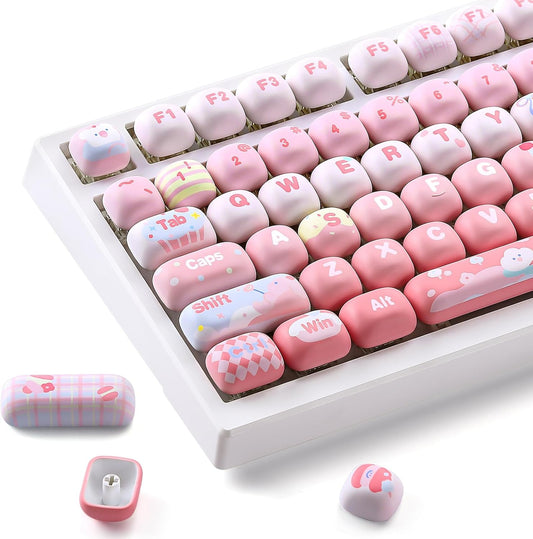 YUNZII Cute Pink Ice Cream Custom Keycaps, 138 Keys Dye Sub PBT MOG Profile Keycap Set for Mechanical Gaming Keyboards (Pink Ice Cream)