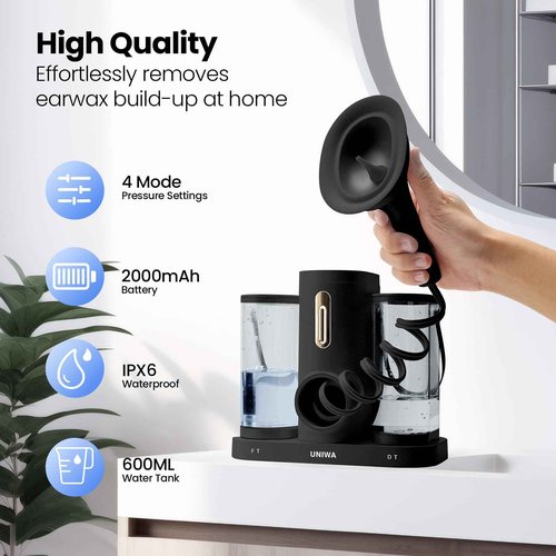 UNIWA Ear Wax Removal, Electric Ear Cleaner with Reusable Replacement Tips, 4 Pressure Settings, Safe and Effective Ear Rinsing Kit for Adults, Ear Irrigation Kit & USB-C Cable, IPX7, Black