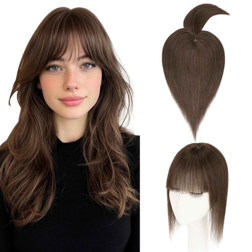 Hairro Mono Hair Toppers with Bangs, 3.4" x 3.4" Mono Base 100% Real Human Hairpieces for Women, 150% Density Clips In Topper for Greyish Thinning Hair, 20 Inch Cocoa Brown