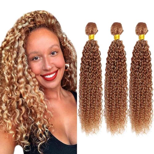 Biliisyff Highlight Kinky Curly Bundle P27/30 Human Hair Weave Brazilian Virgin Remy Hair Two Tone Honey Blonde Mixed With Brown Double Weft Hair 24 26 28 Inch