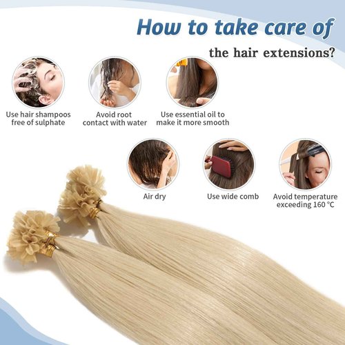 Benehair U Tip Hair Extensions Real Human Hair #60 Platinum Blonde Straight 22 Inch Keratin Hair Extensions Hot Fusion for Women 100 Strands Pre Bonded Silky Invisible Remy Human Hair 50g