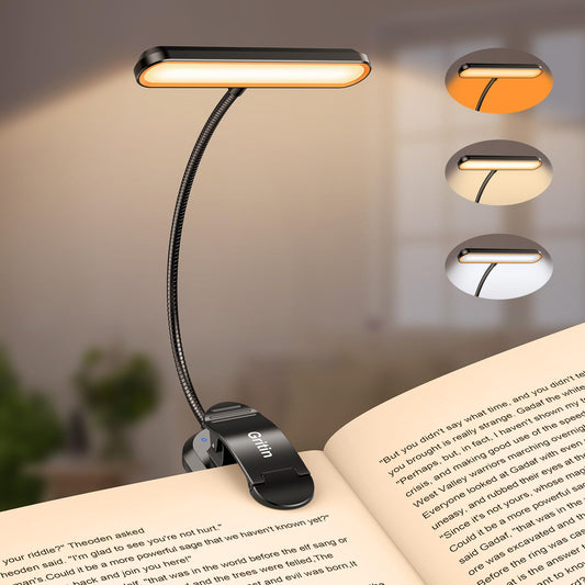 Gritin Rechargeable Book Light for Reading in Bed with 19 LED &Memory Function-Eye Caring 3 Color Temperatures,5 Brightness Levels,80 Hrs Runtime Flexible Goose Neck Clip on Light for Book Lovers