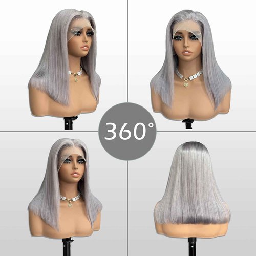 Bestvivid Dark Grey HD Lace Bob wig Straight Human Hair 10inch Pre Plucked Short Cut Peruvian Virgin Hair 180% Density Glueless Gray Bob Wig 13x4 Transparent Lace Middle Part for Black Women