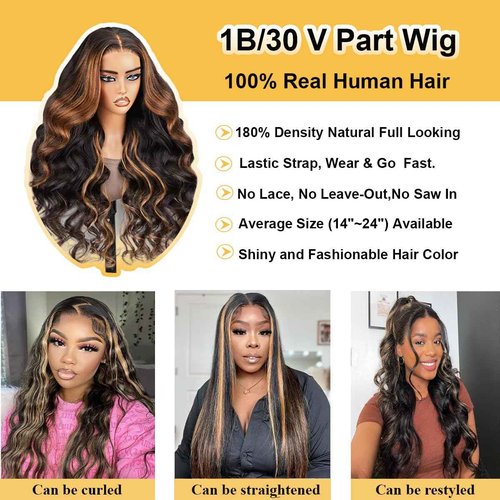 draconenee V Part Wig Human Hair Body Wave 1B/30 Highlight Ombre Wigs for Black Women Wear and Go Glueless Human Hair Wig Upgrade U Part Wigs No Sew in No Glue Beginner Friendly 180% Density 20 inch