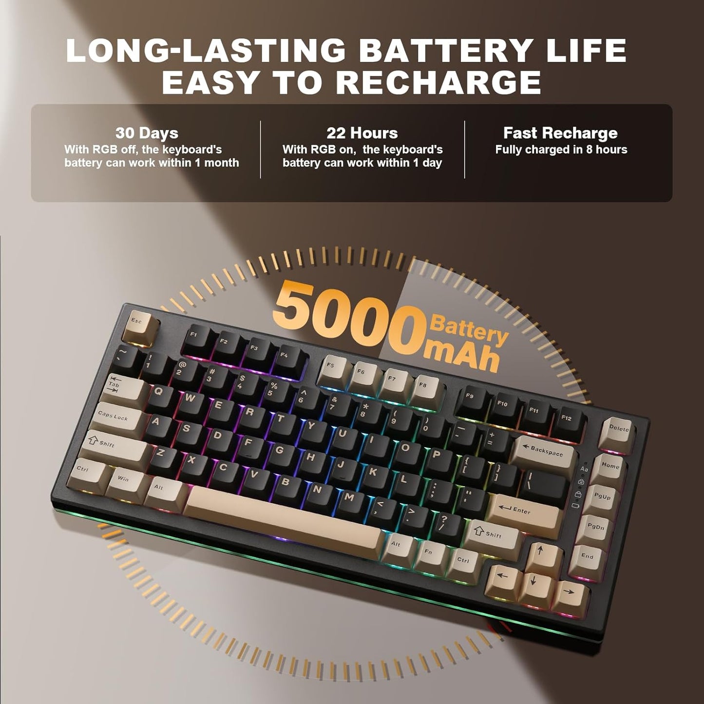 YUNZII YZ75 75% Hot Swappable Wireless Gaming Mechanical Keyboard, RGB Backlights, BT5.0/2.4G/USB-C, Dye Sub PBT Keycaps for Linux/Win/Mac(Gateron G Pro Brown, White)