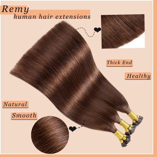 20Inches I Tip Human Hair Extensions,100g/Pack 1g/strand Pre Bonded Keratin Stick Tip Real Hair Extensions #4 Medium Brown Human Hair I Tip