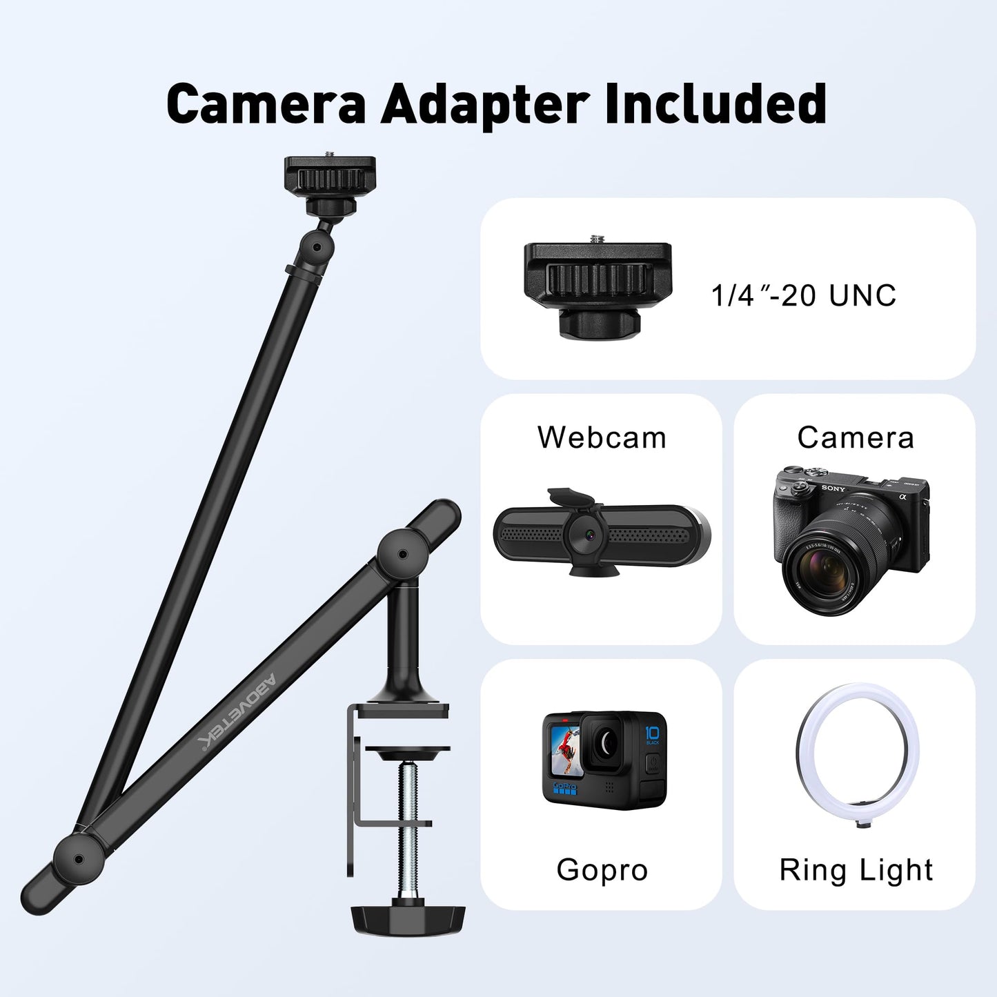 AboveTEK Tablet Stand Holder, Aluminum iPad Holder for Desk & Bed, Adjustable Arm Clamp Mount with 360° Rotation, Overhead Compatible with 4.7"-13.5" iPad Pro/Air/Mini, iPhone, Galaxy Tab- Black