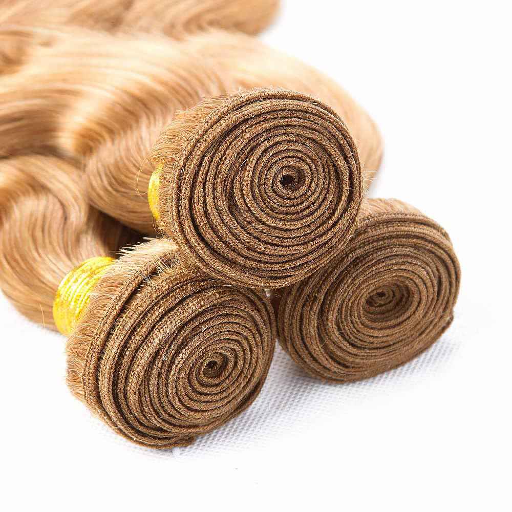 Honey Blonde Human Hair Bundles 28 30 32 Inch Body Wave Bundles Human Hair Unprocessed Native Virgin Hair 100/PC 3 Extensions #27 Blonde Color Wet and Wavy Human Hair Extensions for Women