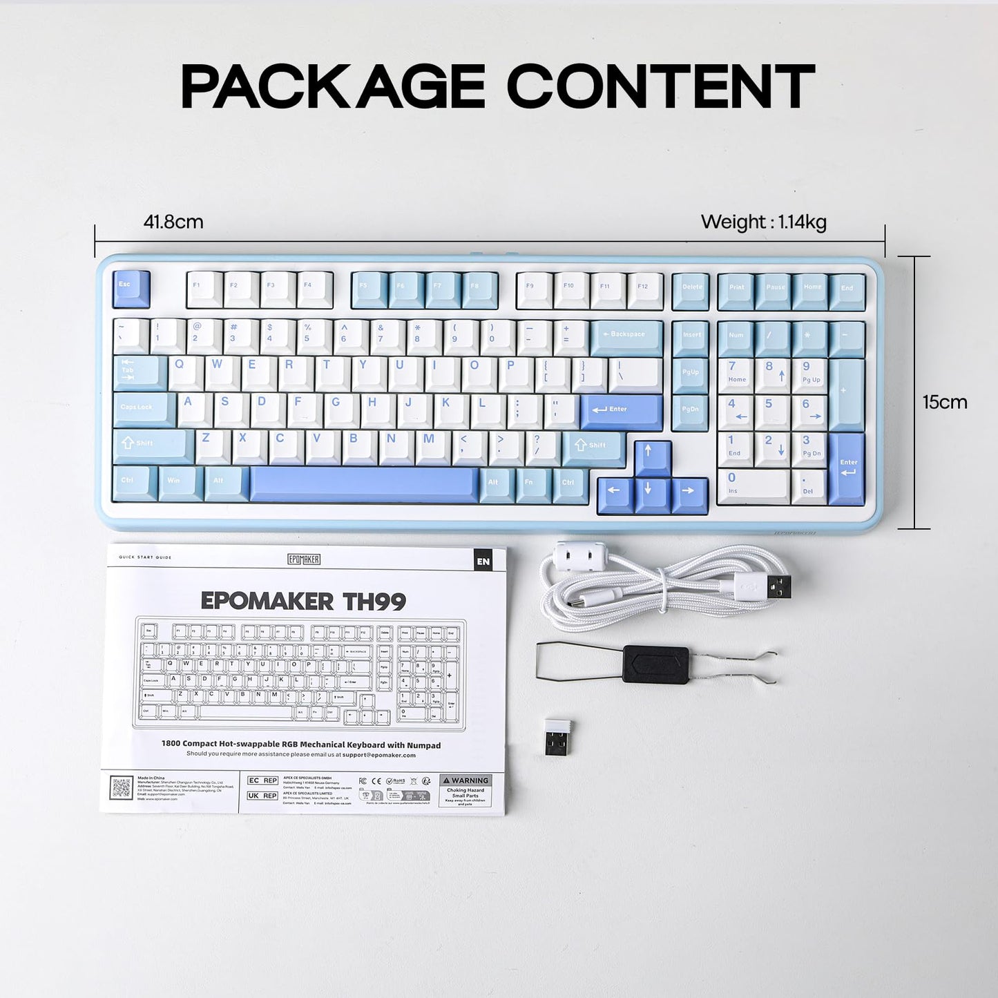 EPOMAKER TH99 Wireless Mechanical Keyboard with Lubed Silent Switch, Quiet Gaming Keyboard, 8000mAh,Creamy Gasket,RGB Backlit,Numpad,PBT Keycap,Hot Swappable,for Gamers/Office (Blue&White)