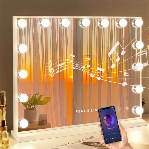 FENCHILIN Vanity Mirror with Lights and Bluetooth Speaker 22.8"x 18.1" Makeup Mirror Lighted Hollywood Mirror with 15 Dimmable LED Bulbs USB Charge Port, 3 Color Lighting Modes