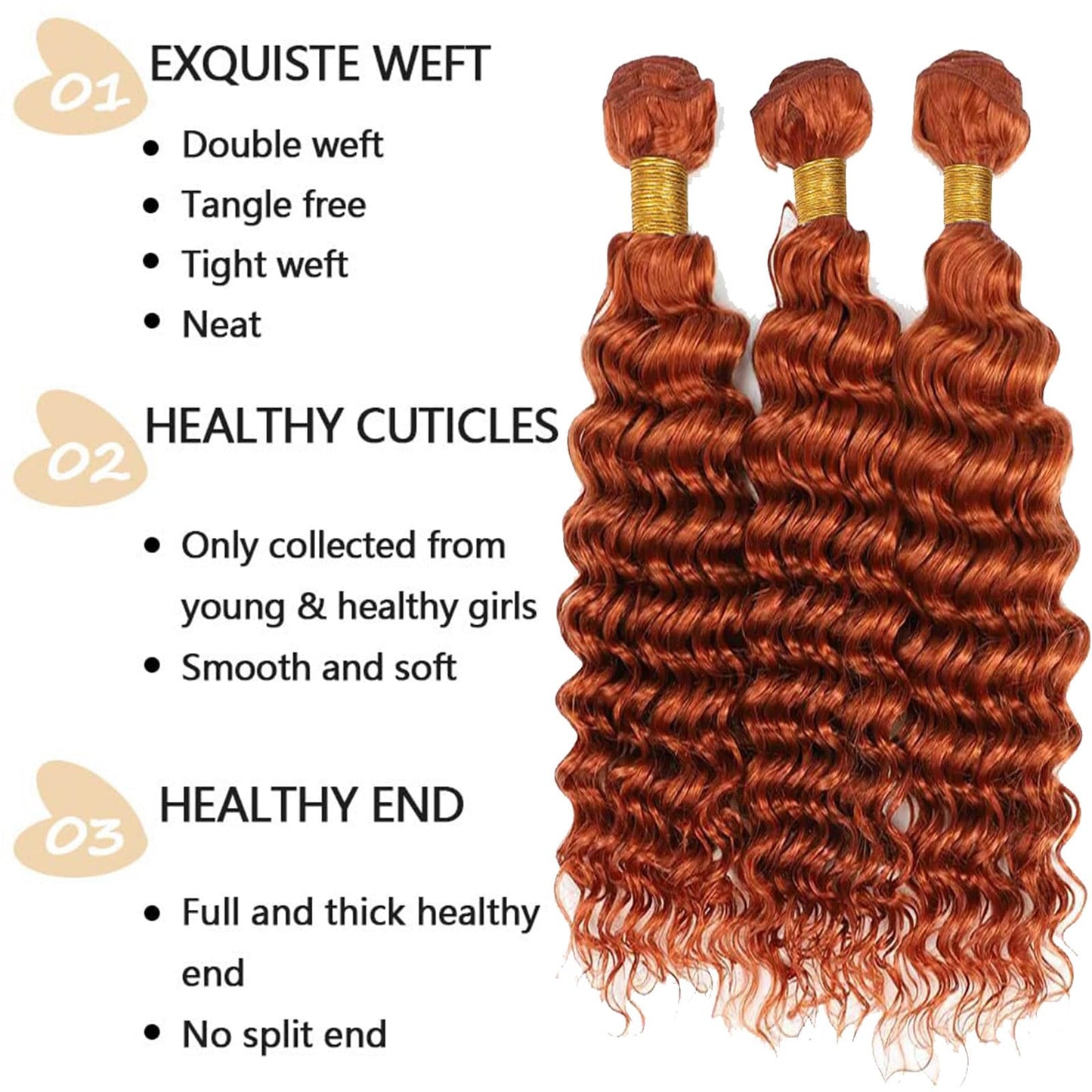 Habiliana Bundles Human Hair 18 20 22 Inch Deep Wave Orange Ginger Bundles 11A Unprocessed Brazilian Virgin Quick Weave Hair Extensions for Black Women