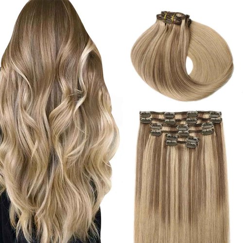 SURNEL Clip in Hair Extensions Balayage Golden Brown to Caramel Blonde Clip in Hair Extensions Real Human Hair 16inch 6pcs 100g(#10/27/27,16'')