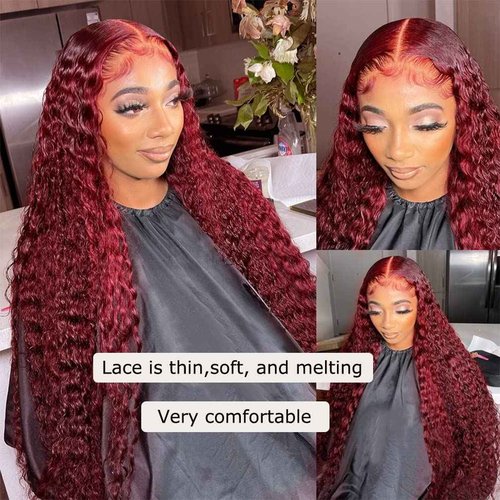 Bugtum 99j Burgundy Lace Front Wigs Human Hair Deep Wave 13x4 Hd Lace Frontal Wigs for Black Women Glueless Wigs Human Hair Pre Plucked Deep Curly Wet and Wavy Red Colored Lace Front Wig (26 Inch)