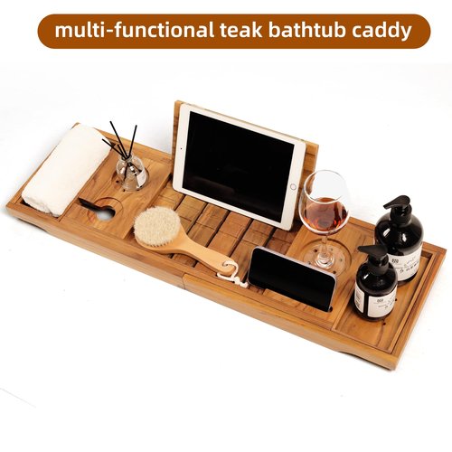 Boflay Expandable Teak Bathtub Tray - Luxury Wooden Bath Caddy & Tub Shelf, Over-The-Tub Bath Table with Book & Wine Glass Holder, Waterproof Bathroom Organizer for Spa Experience