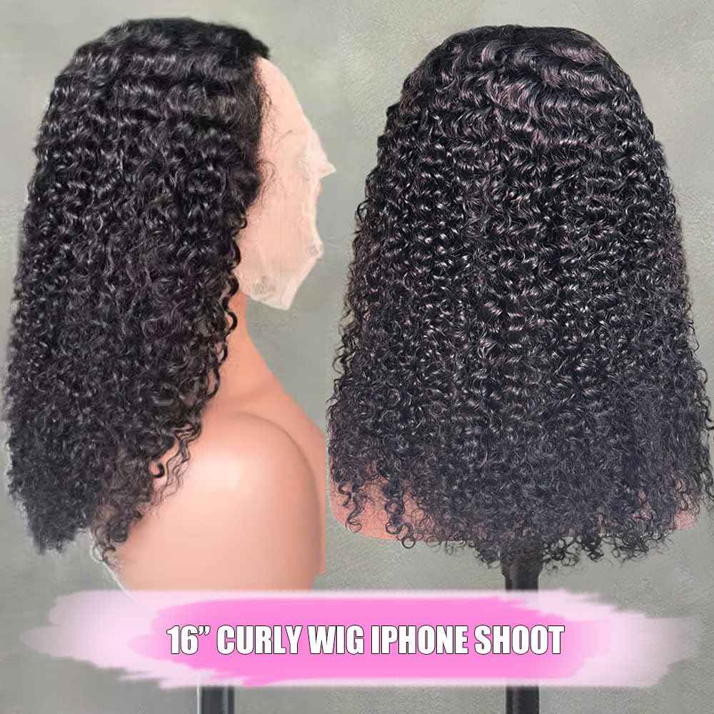 200% Density Mongolian Curly Human Hair Wigs 13X4 HD Lace Front Wigs Wear and Go Glueless Wigs Human Hair Pre Plucked with Baby Hair Unprocessed Virgin Hair Natural Black Color Curly Wig 16Inch