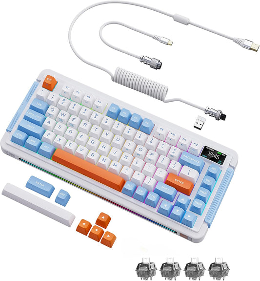 75% Wireless Mechanical Keyboard, Hot-swappable Wired/Bluetooth 5.0/2.4G Wireless Keyboard with RGB Light for Windows & Mac, PBT Keycaps, TTC Titan Heart Switch, Navy White