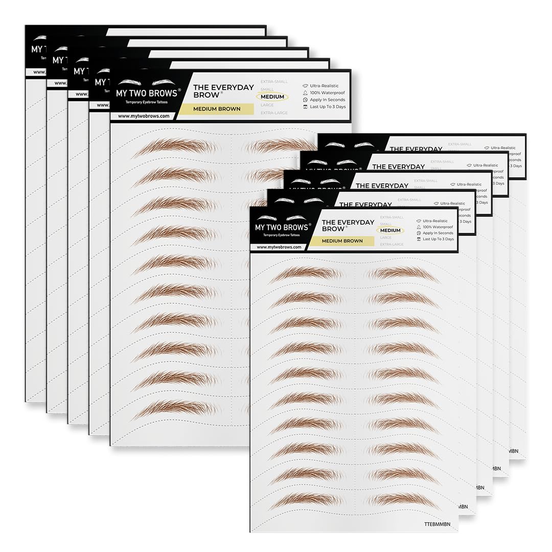 My Two Brows 100 Pairs Medium Brown Temporary Eyebrow Tattoos, Waterproof and Smudge-Proof Medium Everyday Style Realistic Eyebrow Sticker for Men & Women, Easy to Apply, Won't Work on Existing Brows