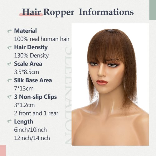 SLEEKALON Real Human Hair Topper - 150% Density Silk Base Brown Hair Topper with Bangs (14 Inch,04#)