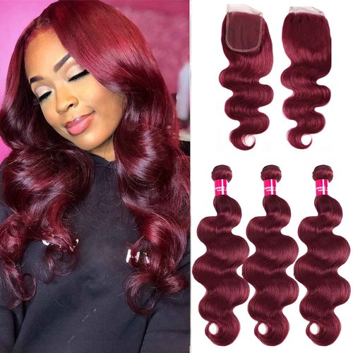 Teveshine Bundles Human Hair with Closure,99j Burgundy Body Wave Bundles with Closure Human Hair 12 14 16+12inch Free 10A Brazilian Remy Hair Body Wave
