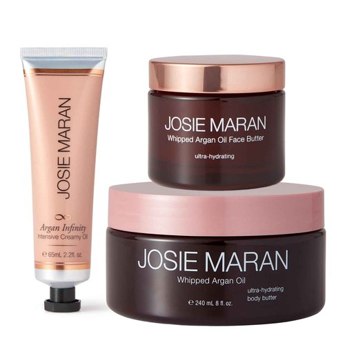 Josie Maran Whipped N' Ready to Glow Body Care Set - Includes Argan Intensive Creamy Oil, Face Cream & Body Butter - Nourishes, Hydrates & Firms Skin - Radiance-Boosting Gift Set (3 Count)