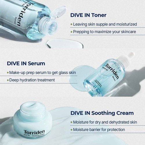Torriden DIVE-IN Low-Molecular Hyaluronic Acid Serum, 1.69 fl oz + Toner 10.14 fl oz + Soothing Cream 3.38 fl oz | Vegan Clean Cruelty Free Facial Ampoule Moisturizer Alcohol-free Fragrance-free