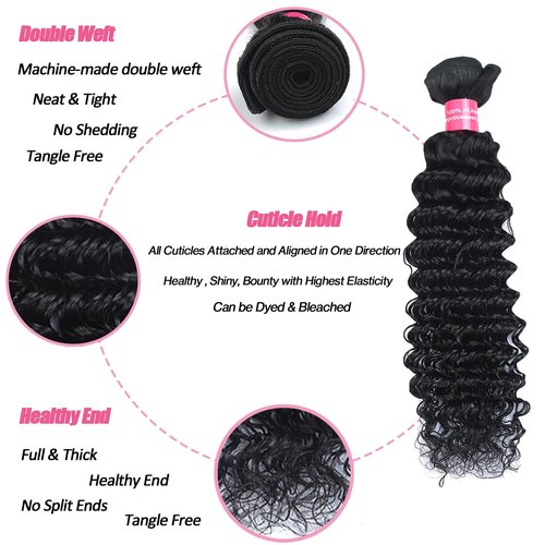 Deep Wave Human Hair Bundles with Closure Unprocessed Brazilian Deep Curly Human Hair Bundles with 4x4 Lace Closure Free Part 16 18 20 with16 Inch Natural Color