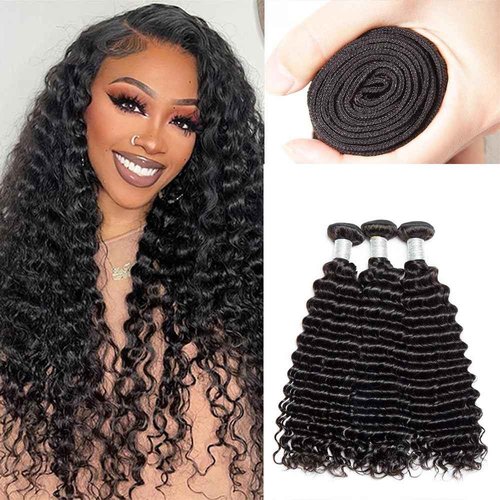 12A Deep Wave Human Hair Bundles 16 18 20 Inch Curly Bundles Human Hair 100% Unprocessed Brazilian Virgin Hair Deep Wave 3 Bundles Double Strong Weft Glossy Hair Bundles Natural Color Soft