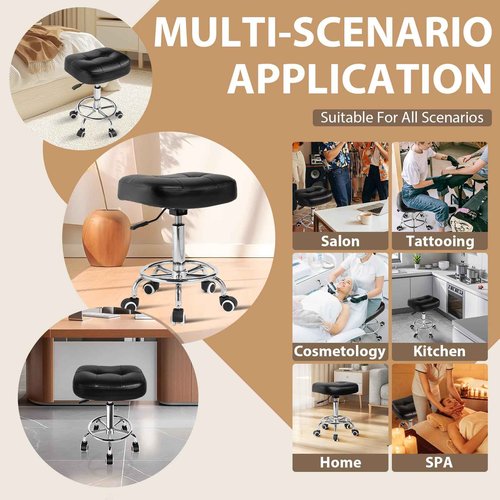Rolling Stool Wider Rectangular Cushion-Provides a Comfortable, Stable Support Surface with Loop Footrest for Leg Support,Adjustable Stool with Wheels for Salon Tattoo Massage Office Home (Black)