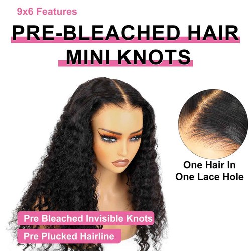 BLY Glueless Wigs Human Hair 9x6 M-Cap Wig Max Parting HD Lace Pre Cut Wig for Women Pre Plucked, Bleached Tiny Knots Deep Wave Curly Lace Front Wigs Wear Go 180% Density 20 Inch