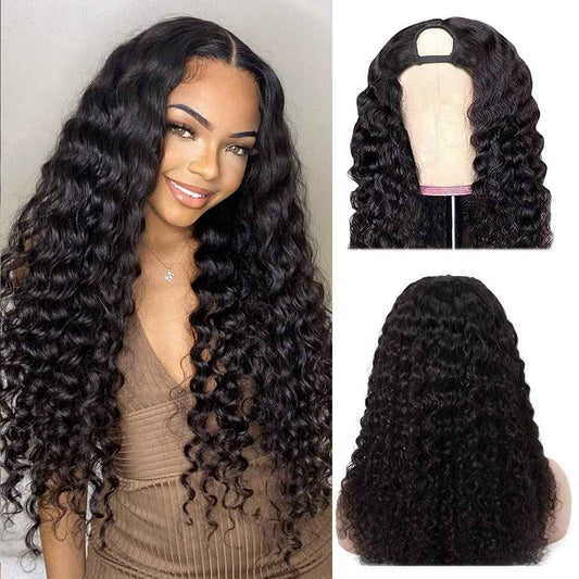 kloiynj U Part Wigs Human Hair for Black Women Deep Wave Human Hair Brazilian Hair Full Head Clip in Half Wig V Part Glueless Wigs Human Hair Pre Plucked U Shape Wigs (Natural Black, 14 inch)